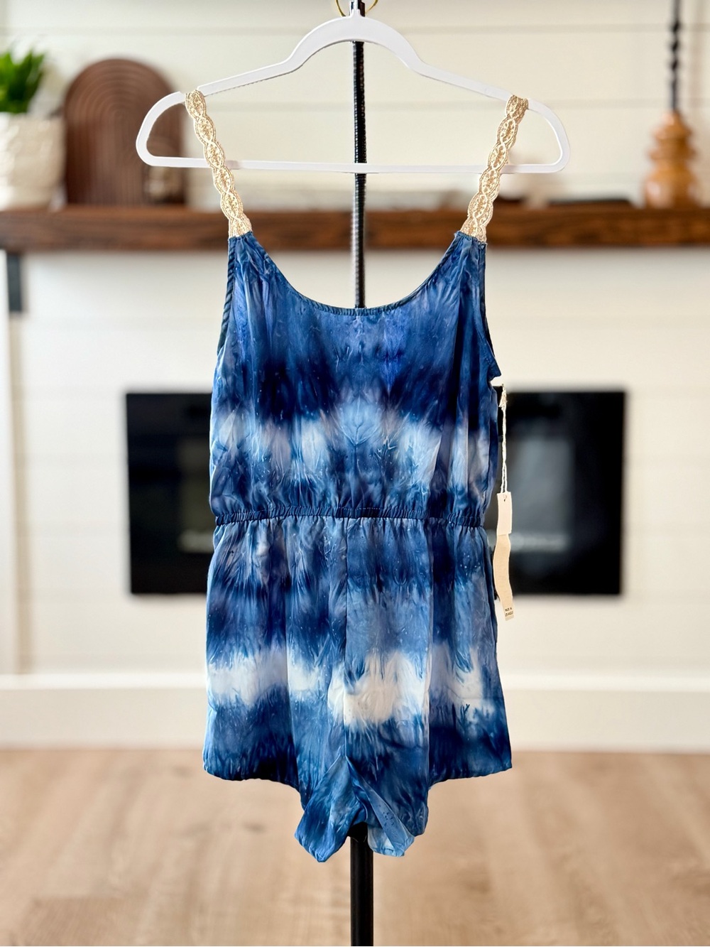saltwater LUXE Navy & White Tie-Dye Romper with Gold Straps